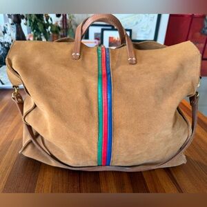 Clare V tan Suede Tote with Colorful Stripe
